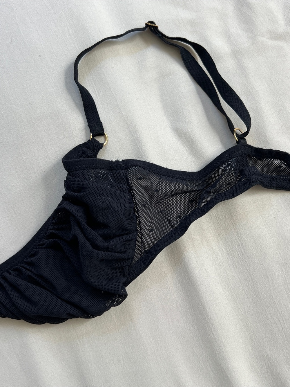 Black Sheer Dotted Mesh Unlined Bra with Gold Hardware
